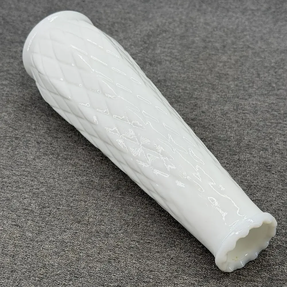 Vintage EO Brody White Milk Glass Bud Vase Diamond Lattice Pattern 8.75 Inch